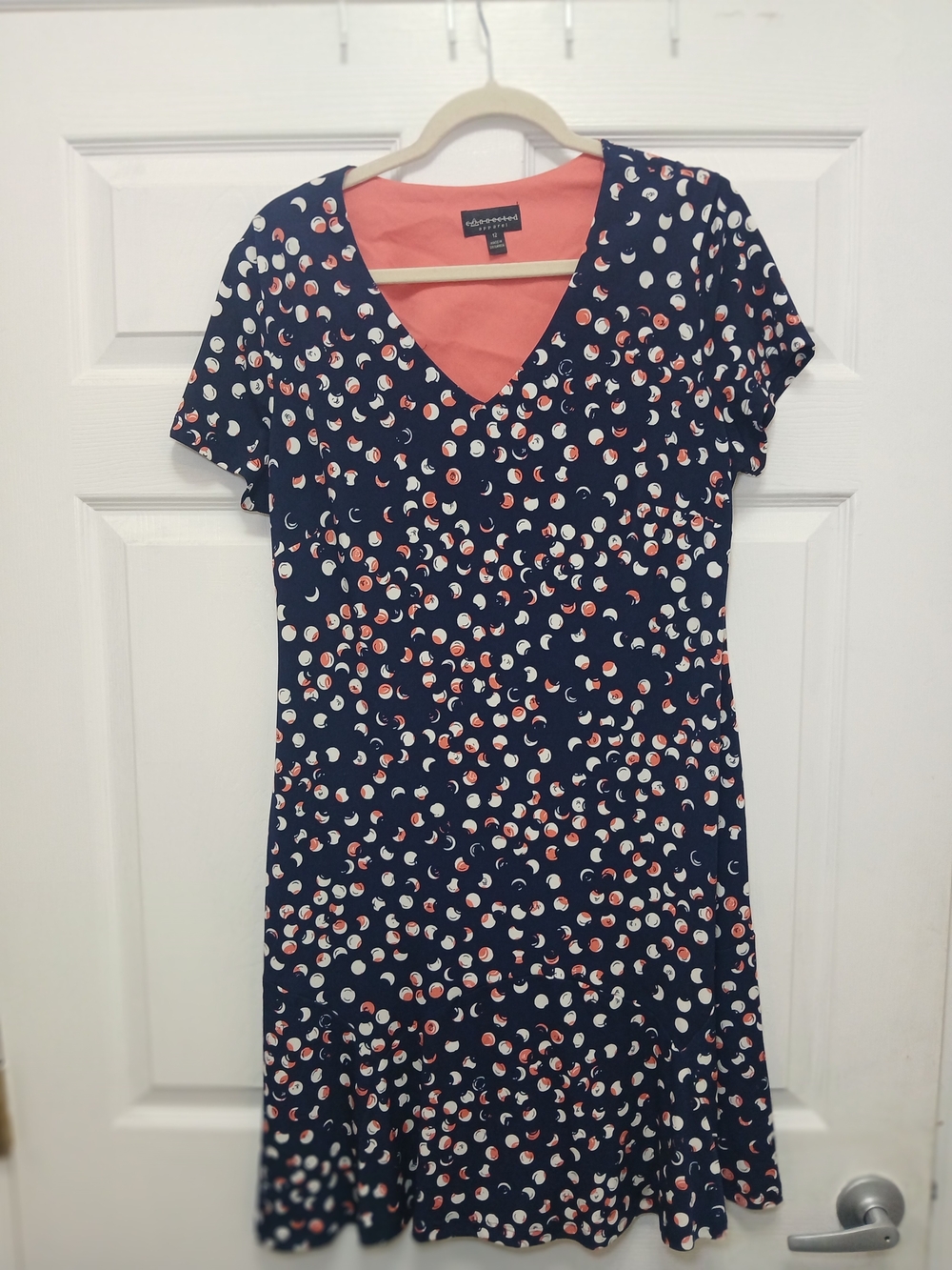 connected apparel Navy V-Neck Mini Dress with Coral & White Dot Print